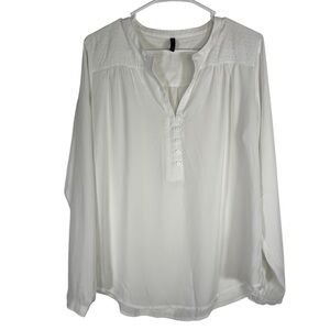 NYDJ Women's Medium White Long Sleeve Blouse Top V Neck Button Up Henley